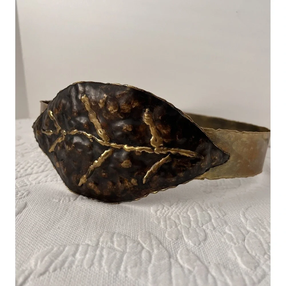 Vintage 80's Chunky Hammered Metal Waist Belt Leaf Buckle Size M 32